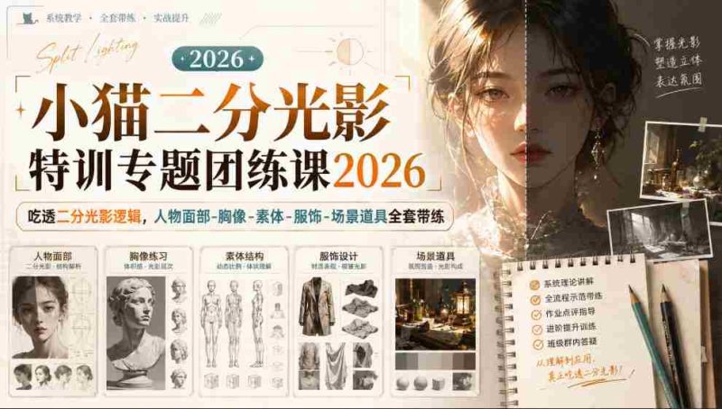 小猫二分光影特训专题团练课2026|吃透二分光影逻辑,人物面部‑胸像‑素体‑服饰‑场景道具全套带练,高清画质附赠课件与笔刷-OG资源站