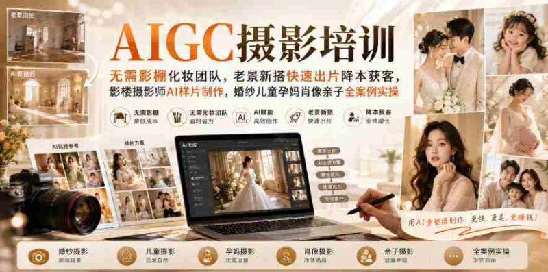 AIGC摄影培训｜无需影棚化妆团队，老景新搭快速出片降本获客，影楼摄影师AI样片制作，婚纱儿童孕妈肖像亲子全案例实操-OG资源站