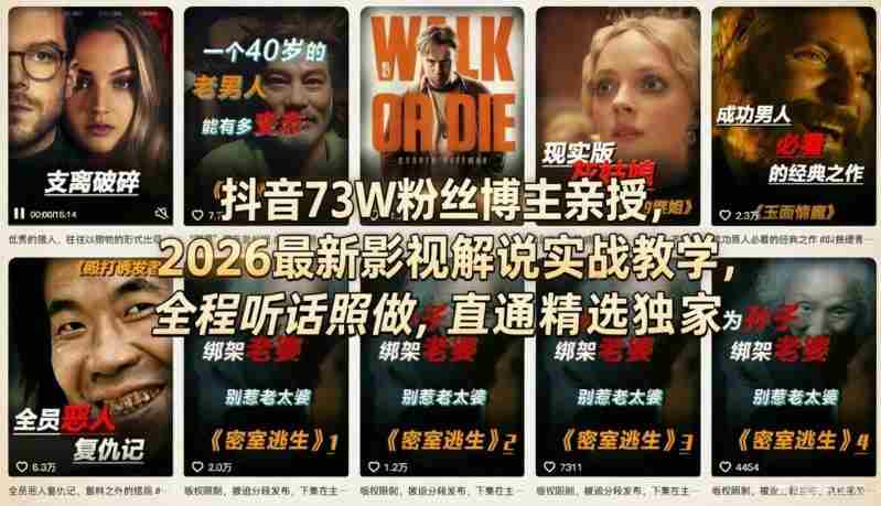 抖音73W粉丝博主亲授,2026最新影视解说实战教学,全程听话照做,直通精选独家-OG资源站