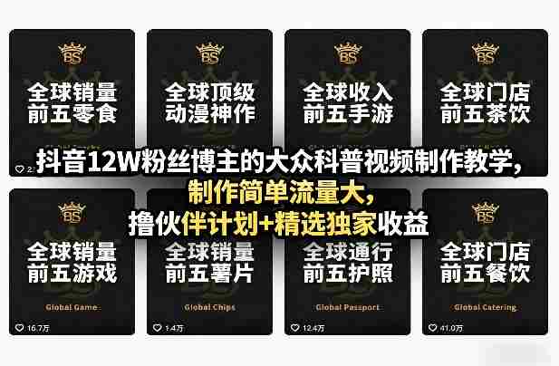 抖音12W粉丝博主的大众科普视频制作教学，制作简单流量大，撸伙伴计划+精选独家收益-OG资源站