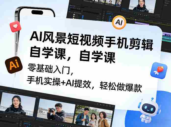AI风景短视频手机剪辑自学课，零基础入门，手机实操+AI提效，轻松做爆款-OG资源站