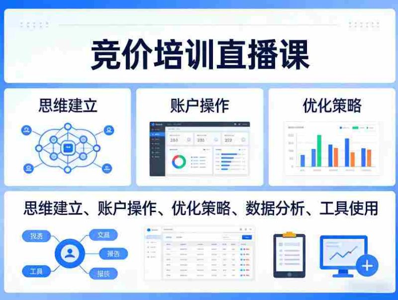 竞价培训直播课,覆盖思维建立、账户操作、优化策略、数据分析、工具使用等,全方位提升效果-OG资源站