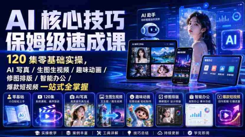 AI核心技巧保姆级速成课｜120集零基础实操，AI写真/生图生视频/趣味动画/修图排版/智能办公/爆款短视频一站式全掌握-OG资源站