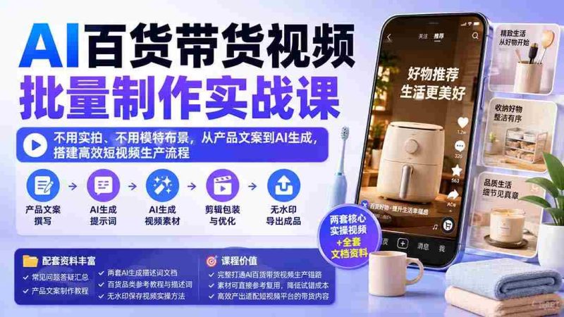 (20179期)AI百货带货视频批量制作实战课:不用实拍、不用模特布景,从产品文案到AI生成,搭建高效短视频生产流程-OG资源站