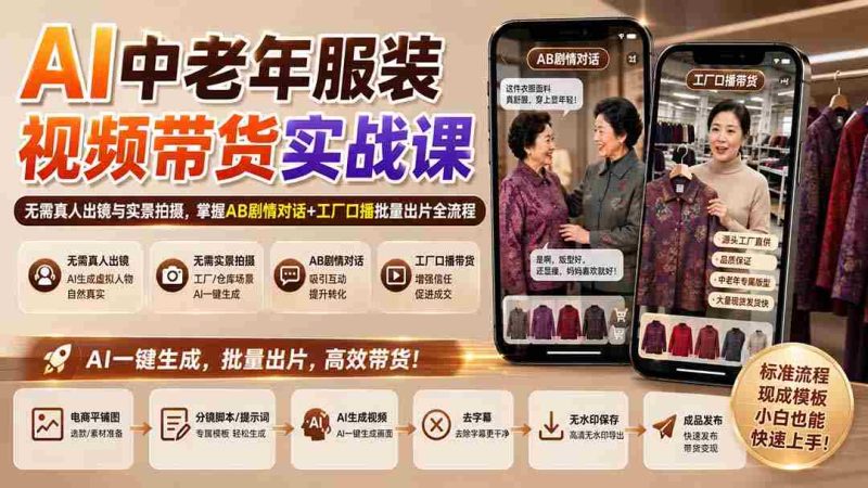 （20198期）AI中老年服装视频带货实战课：无需真人出镜与实景拍摄，掌握AB剧情对话+工厂口播批量出片全流程-OG资源站