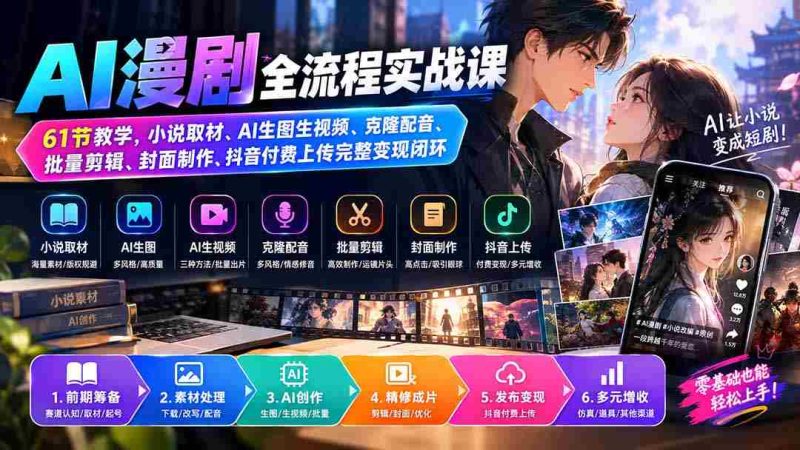 （20199期）AI漫剧全流程实战课｜61节教学，小说取材、AI生图生视频、克隆配音、批量剪辑、封面制作、抖音付费上传完整变现闭环-OG资源站