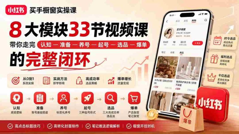 （20217期）小红书买手橱窗实操课：8大模块33节视频课，带你走完”认知—准备—养号—起号—选品—爆单”的完整闭环-OG资源站