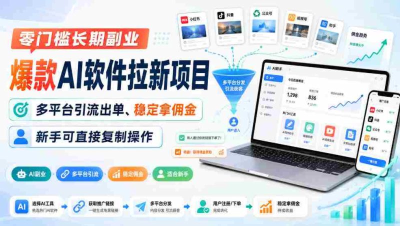 零门槛长期副业，爆款AI软件拉新项目，多平台引流出单、稳定拿佣金，新手可直接复制操作-OG资源站
