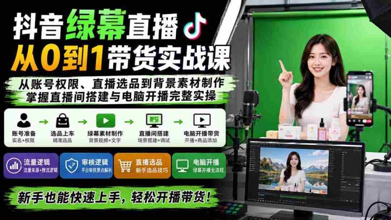 (20224期)抖音绿幕直播从0到1带货实战课:从账号权限、直播选品到背景素材制作,掌握直播间搭建与电脑开播完整实操-OG资源站