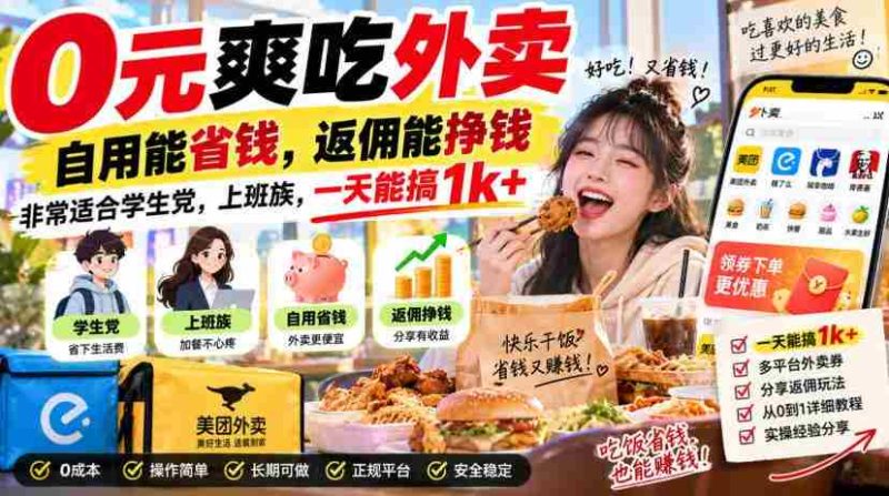 0元爽吃外卖,自用能省钱,返佣能挣钱,非常适合学生党,上班族,一天能搞1k+-OG资源站