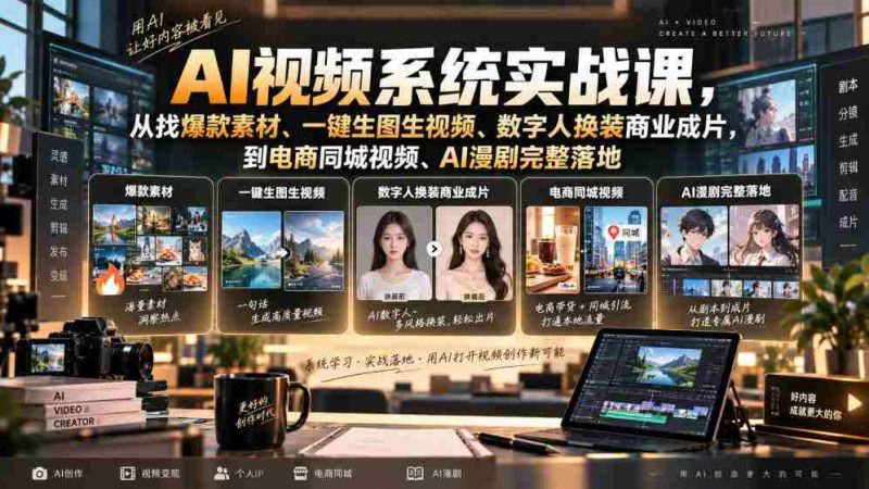 AI视频系统实战课,从找爆款素材、一键生图生视频、数字人换装商业成片,到电商同城视频、AI漫剧完整落地-OG资源站