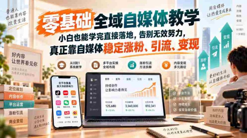 零基础全域自媒体教学，小白也能学完直接落地，告别无效努力，真正靠自媒体稳定涨粉、引流、变现-OG资源站