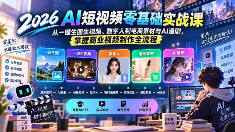 (20263期)2026AI短视频零基础实战课:从一键生图生视频、数字人到电商素材与AI漫剧,掌握商业视频制作全流程-OG资源站