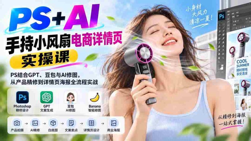 （20273期）PS+AI手持小风扇电商详情页实操课：PS结合GPT、豆包与AI修图，从产品精修到详情页海报全流程实战-OG资源站