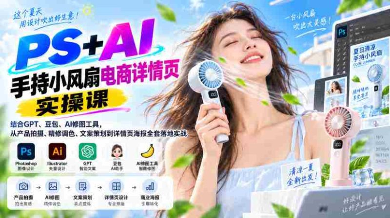PS+AI手持小风扇电商详情页实操课｜结合GPT、豆包、AI修图工具，从产品拍摄、精修调色、文案策划到详情页海报全套落地实战-OG资源站