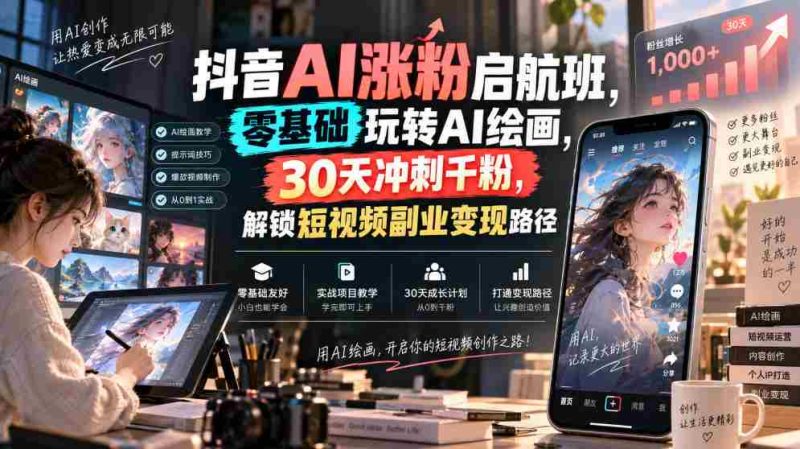 抖音AI涨粉启航班,零基础玩转AI绘画,30天冲刺千粉,解锁短视频副业变现路径-OG资源站