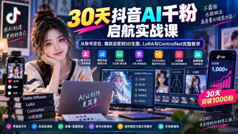 （20291期）30天抖音AI千粉启航实战课：从账号定位、爆款运营到SD生图、LoRA与ControlNet完整教学-OG资源站