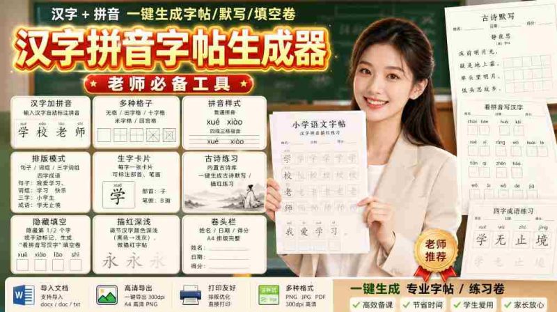 学习神器，汉字拼音字帖生成器，汉字+拼音 一键生成字帖/默写/填空卷，支持词组、成语，老师、家长必备-OG资源站