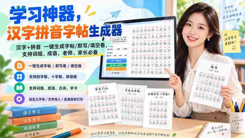 （20299期）学习神器，汉字拼音字帖生成器，汉字+拼音 一键生成字帖/默写/填空卷，支持词组、成语，老师、家长必备-OG资源站