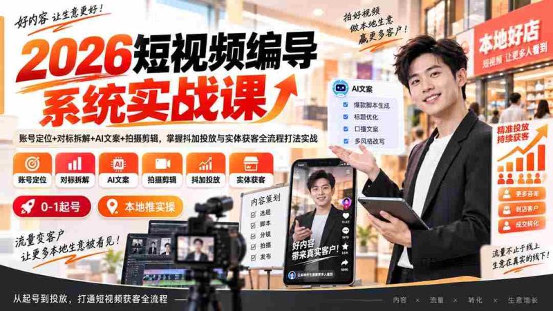 （20305期）2026短视频编导系统实战课：账号定位+对标拆解+AI文案+拍摄剪辑，掌握抖加投放与实体获客全流程打法实战-OG资源站