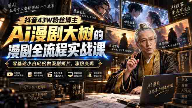 抖音43W粉丝博主Ai漫剧大树的漫剧制作全流程实战课，零基础小白轻松做漫剧短片，涨粉变现-OG资源站