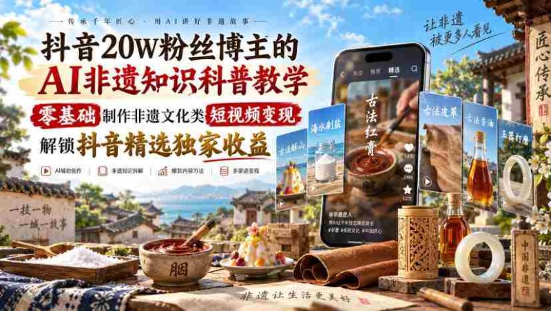 抖音20W粉丝博主的AI非遗知识科普教学，零基础制作非遗文化类短视频变现，解锁抖音精选独家收益-OG资源站