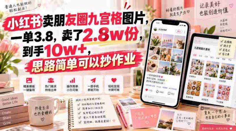 小红书卖朋友圈九宫格图片，一单3.8，卖了2.8w份，到手10w+，思路简单可以抄作业-OG资源站