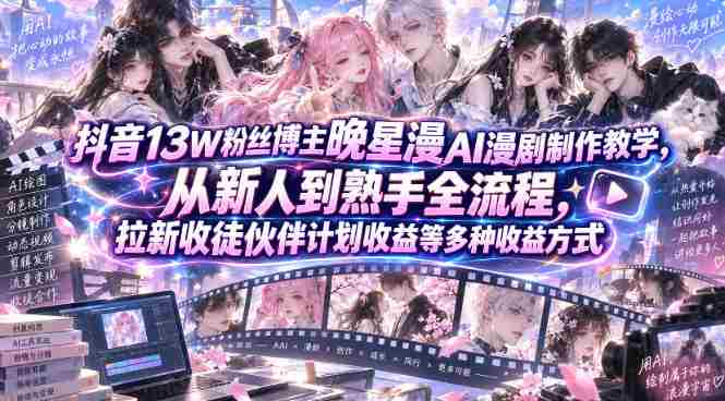 抖音13W粉丝博主晚星漫AI漫剧制作教学，从新人到熟手全流程，拉新收徒伙伴计划收益等多种收益方式，单日1K+-OG资源站
