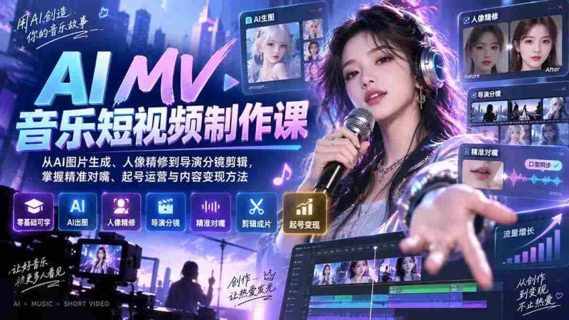 (20364期)AI MV音乐短视频制作课:从AI图片生成、人像精修到导演分镜剪辑,掌握精准对嘴、起号运营与内容变现方法-OG资源站