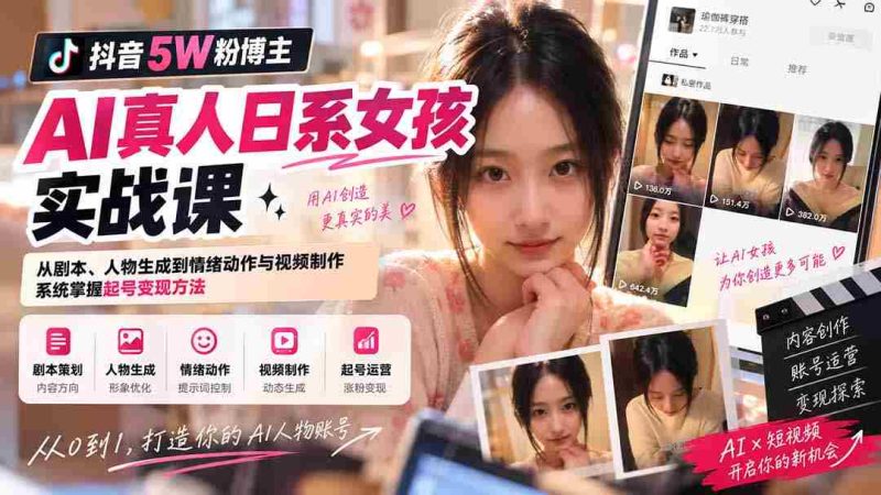 抖音5W粉博主AI真人日系女孩实战课：从剧本、人物生成到情绪动作与视频制作，系统掌握起号变现方法-OG资源站