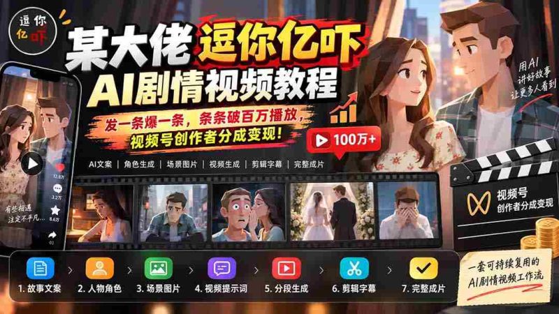 某大佬逗你亿吓AI低模剧情视频制作教程:发一条爆一条,条条破百万播放,利用视频号创作者分成变现!-OG资源站