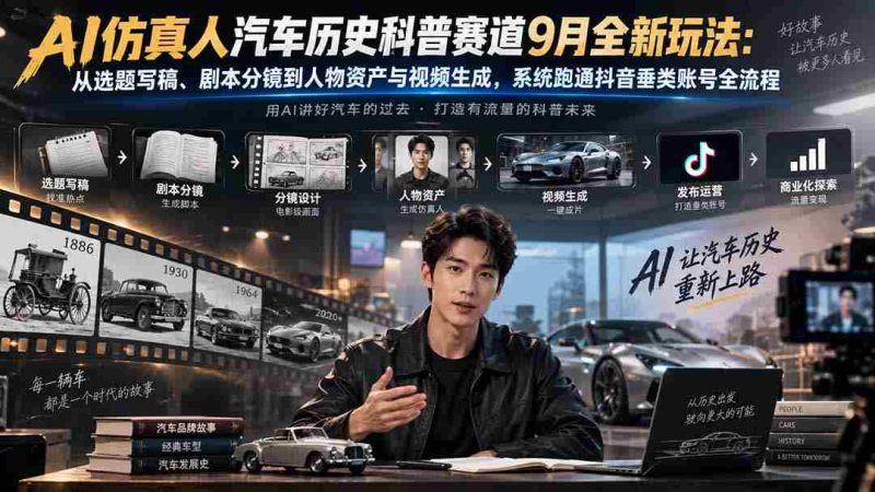 AI仿真人汽车历史科普赛道9月全新玩法：从选题写稿、剧本分镜到人物资产与视频生成，系统跑通抖音垂类账号全流程-OG资源站
