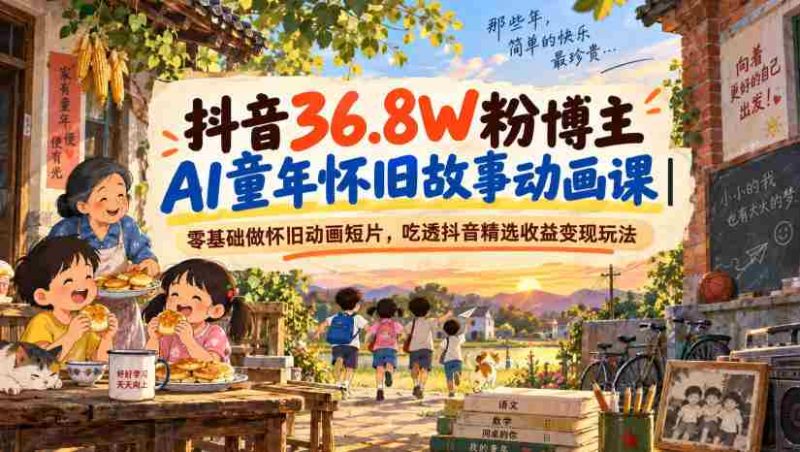 抖音36.8W粉博主AI童年怀旧故事动画课｜零基础做怀旧动画短片，吃透抖音精选收益变现玩法-OG资源站