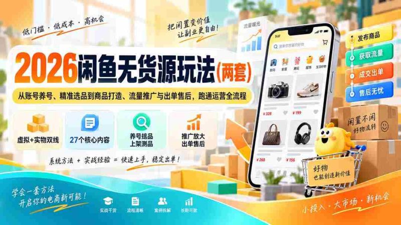 2026闲鱼无货源玩法（两套）：从账号养号、精准选品到商品打造、流量推广与出单售后，跑通运营全流程-OG资源站