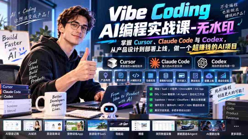 Vibe Coding AI编程实战课-无水印：掌握Cursor、Claude Code与Codex，从产品设计到部署上线，做一个超赚钱的AI项目-OG资源站