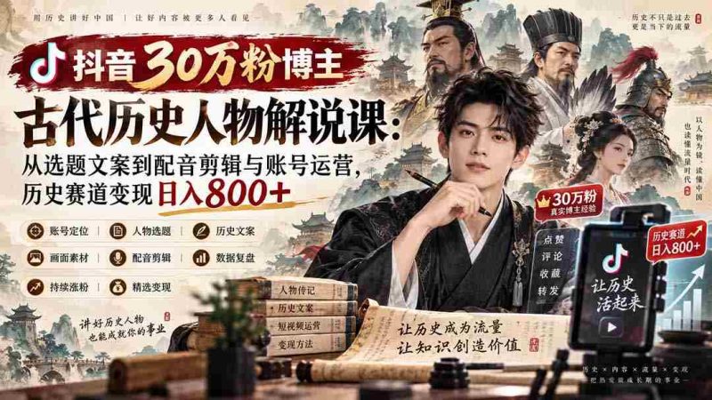 抖音30万粉博主古代历史人物解说课:从选题文案到配音剪辑与账号运营,历史赛道变现日入800+-OG资源站