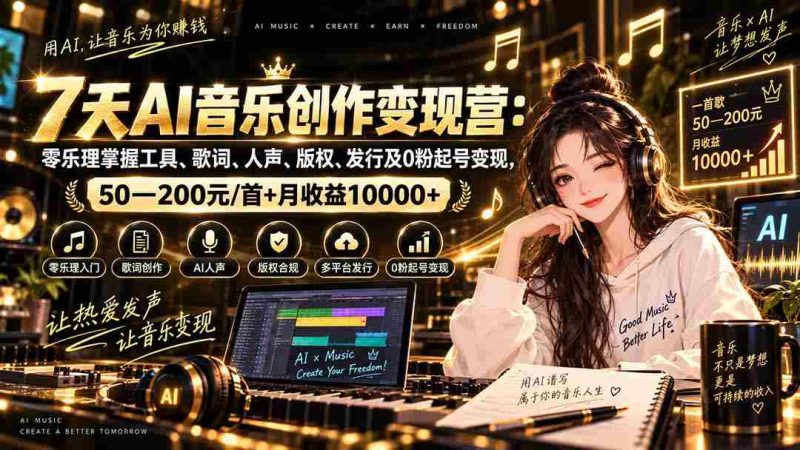 AI音乐创作变现营：零乐理掌握工具、歌词、人声、版权、发行及0粉起号变现，50—200元/首+月收益10000+-OG资源站