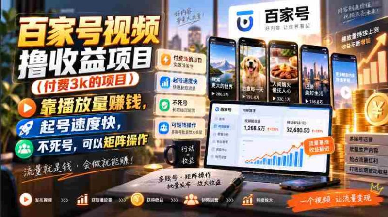 百家号视频撸收益项目（付费3k的项目），靠播放量賺钱，起号速度快，不死号，可以矩阵操作-OG资源站