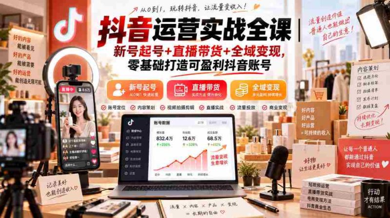 抖音运营实战全课｜新号起号+直播带货+全域变现，零基础打造可盈利抖音账号-OG资源站