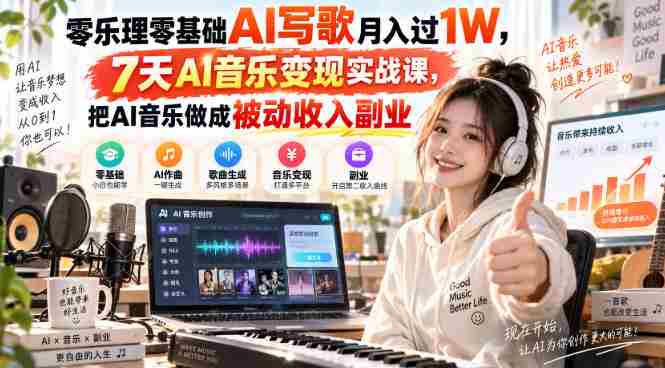 零乐理零基础AI写歌月入过1W，7天AI音乐变现实战课，把AI音乐做成被动收入副业-OG资源站