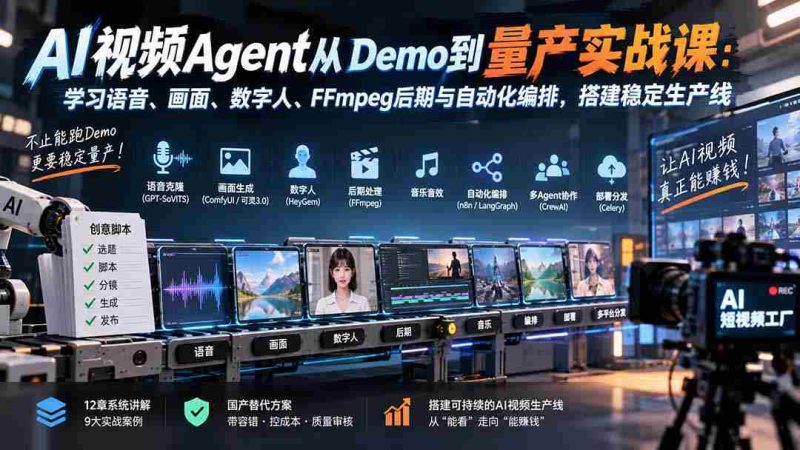 AI视频Agent从Demo到量产实战课：学习语音、画面、数字人、FFmpeg后期与自动化编排，搭建稳定生产线-OG资源站