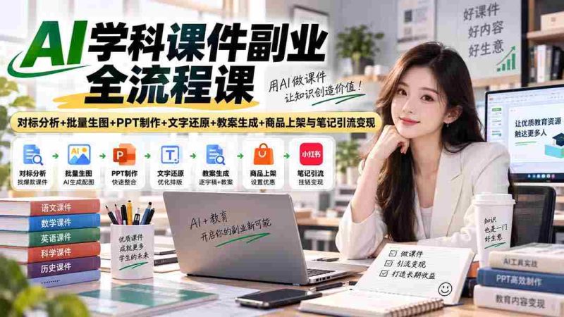 AI学科课件副业全流程课|对标分析+批量生图+PPT制作+文字还原+教案生成+商品上架与笔记引流变现-OG资源站
