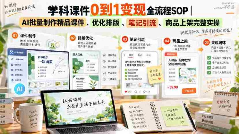 学科课件0到1变现全流程SOP｜AI批量制作精品课件、优化排版、笔记引流、商品上架完整实操​-OG资源站