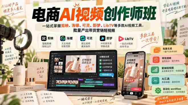 电商AI视频创作师班，一站式掌握剪映、海螺、可灵、即梦、LibTV等多款AI视频工具，批量产出带货营销短视频-OG资源站