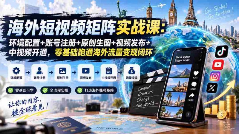 海外短视频矩阵实战课：环境配置+账号注册+原创生图+视频发布+中视频开通，零基础跑通海外流量变现闭环-OG资源站