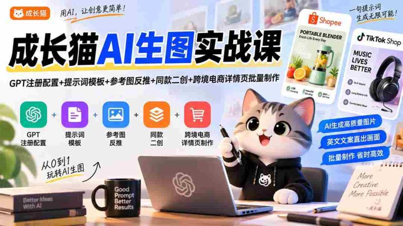 成长猫AI生图实战课｜GPT注册配置+提示词模板+参考图反推+同款二创+跨境电商详情页批量制作-OG资源站