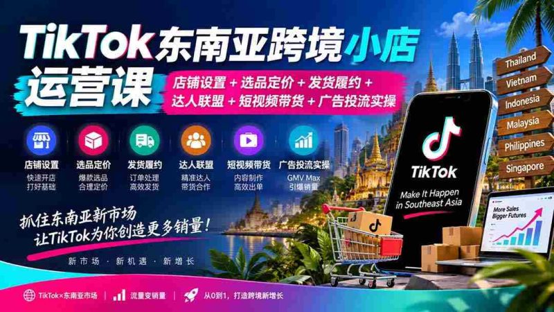 TikTok东南亚跨境小店运营课：店铺设置+选品定价+发货履约+达人联盟+短视频带货+广告投流实操-OG资源站