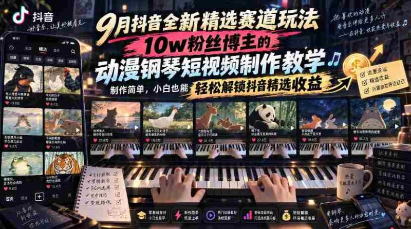 9月抖音全新精选赛道玩法，10w粉丝博主的动漫钢琴短视频制作教学，制作简单，小白也能轻松解锁抖音精选收益-OG资源站