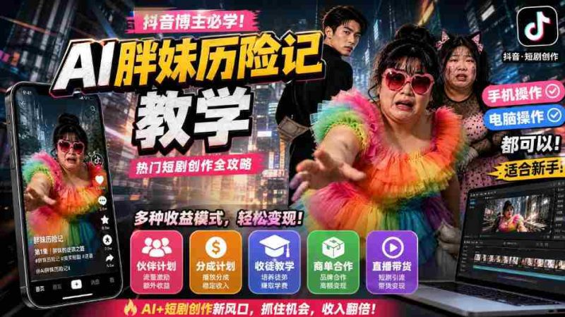 抖音博主的AI胖妹历险记教学，伙伴计划+分成计划+收徒+商单等多种收益，适合新手，手机电脑都可以操作-OG资源站