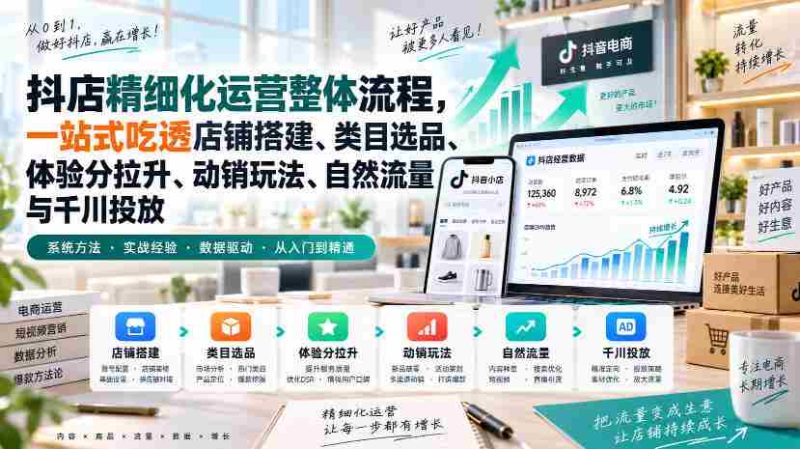 李哥电商-抖店精细化运营整体流程，一站式吃透店铺搭建、类目选品、体验分拉升、动销玩法、自然流量与千川投放-OG资源站
